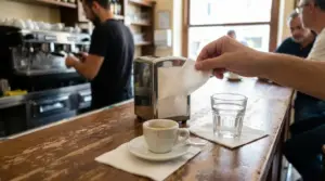 Una mano prende un tovagliolino da un dispenser su un bancone di bar con caffè e bicchiere d'acqua