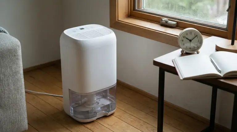 Deumidificatore acceso vicino a una finestra con condensa in una stanza domestica