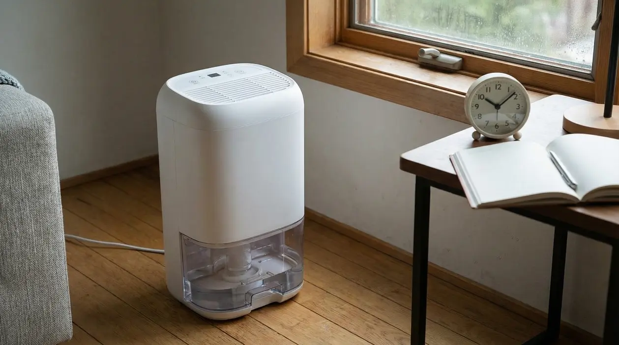 Deumidificatore acceso vicino a una finestra con condensa in una stanza domestica
