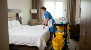 Addetta alle pulizie rifà il letto in una camera d'albergo con carrello per le pulizie accanto