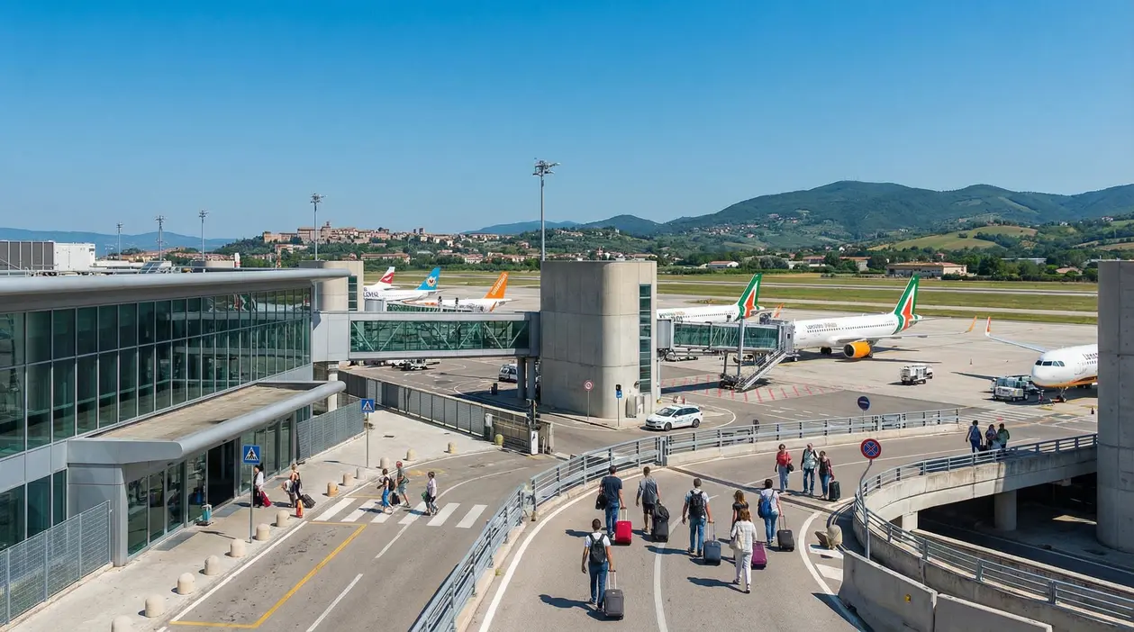 Passeggeri con bagagli presso un terminal aeroportuale italiano con aerei parcheggiati