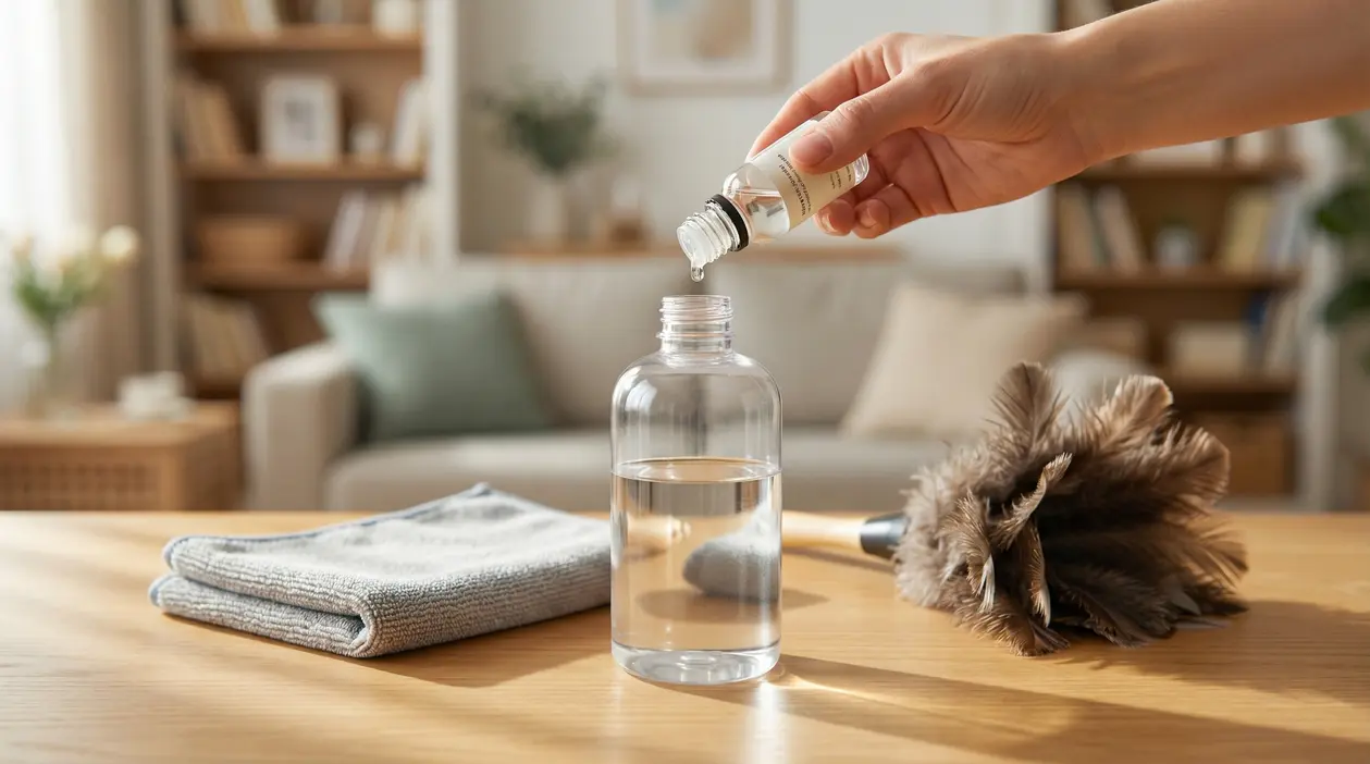 Una mano versa un liquido in una bottiglia d'acqua su un tavolo con panno e piumino per spolverare.