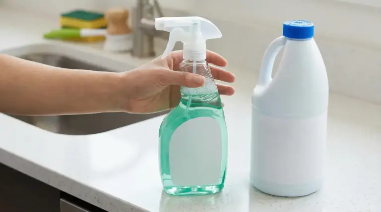Mano che tiene uno spray disinfettante accanto a una bottiglia su un piano cucina