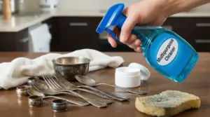 Posate e oggetti in argento anneriti su un tavolo con detergente multiuso