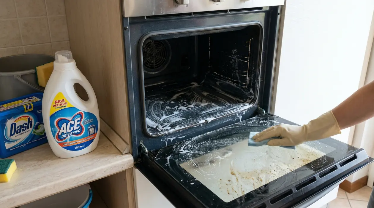 Una persona pulisce la porta del forno con un detergente e una spugna