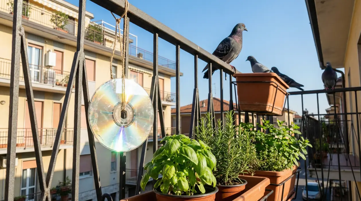 Piccioni su un balcone con piante aromatiche e un CD appeso alla ringhiera