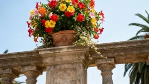 Vaso con fiori colorati su un balcone in pietra sotto il cielo azzurro