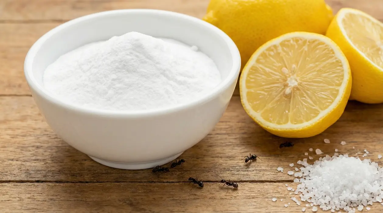 Ciotola di bicarbonato, limoni tagliati e formiche su un tavolo di legno