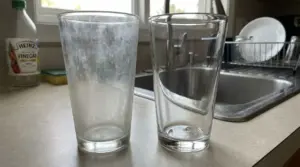 Due bicchieri su un piano cucina, uno con patina opaca e l'altro brillante