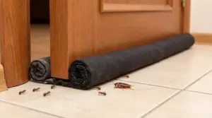 Formiche e uno scarafaggio vicino a una barriera sotto una porta in legno