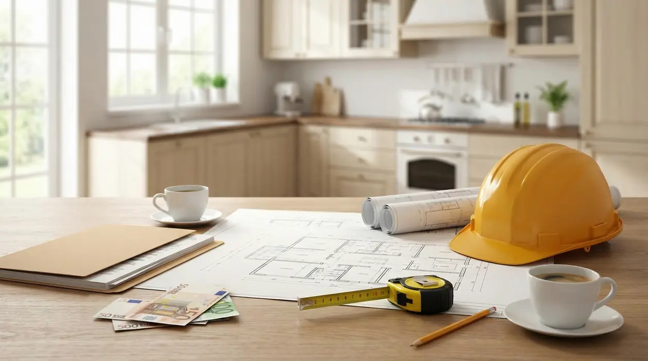 Progetti di ristrutturazione con casco da cantiere, planimetrie e denaro su un tavolo in cucina
