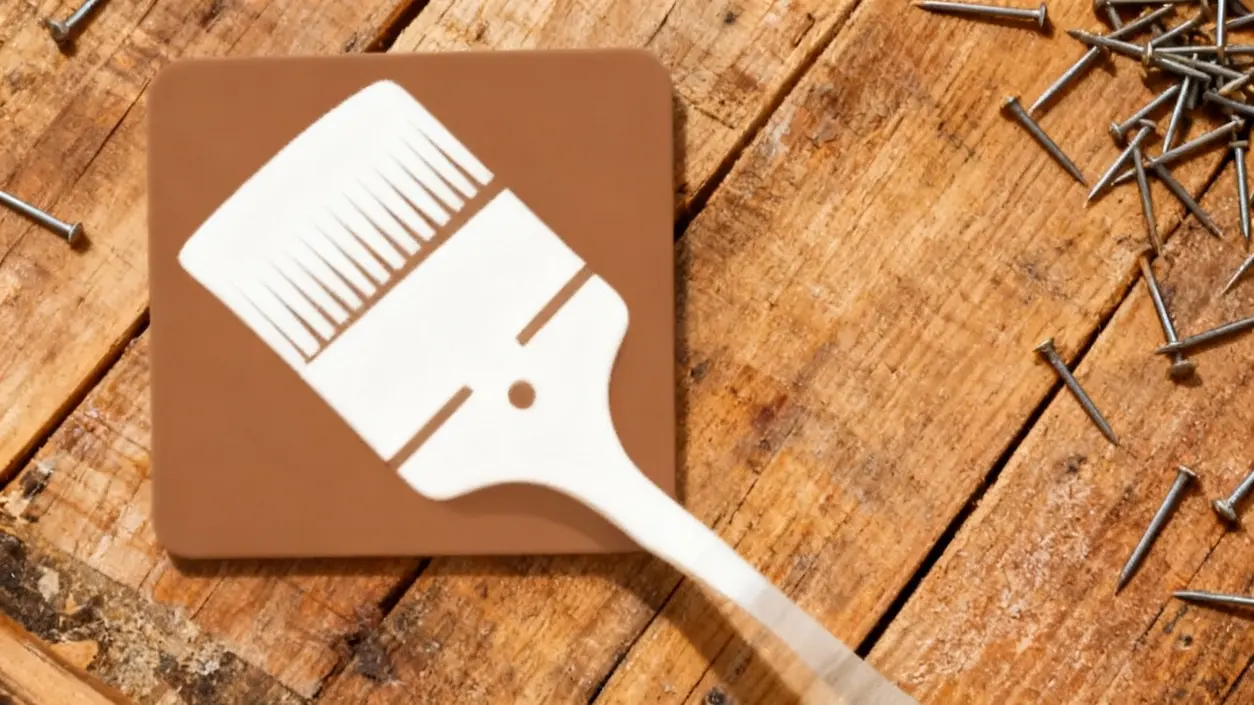 Simbolo di un pennello su sfondo marrone appoggiato su un tavolo di legno con chiodi sparsi