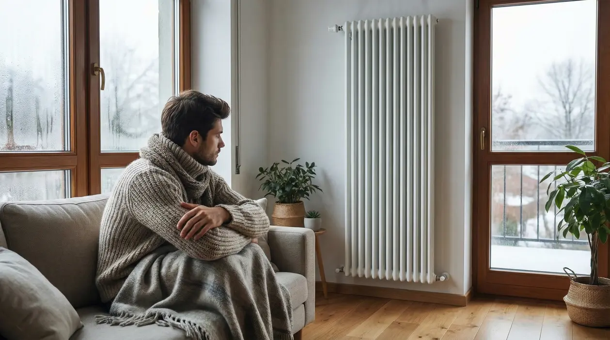 Persona con coperta seduta sul divano vicino al termosifone acceso in una casa invernale