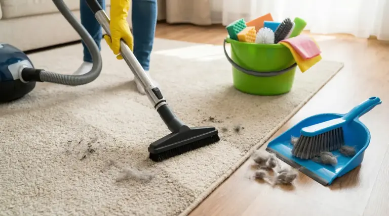 Una persona passa l'aspirapolvere su un tappeto con polvere visibile accanto a una paletta e un secchio con strumenti per la pulizia