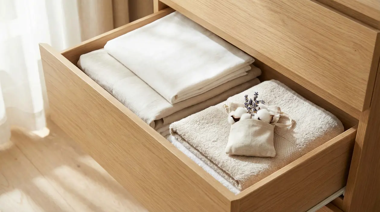 Cassetto in legno con asciugamani piegati e sacchetto profumato con cotone e lavanda