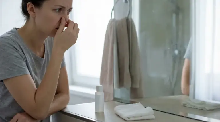 Persona in bagno si tappa il naso con espressione preoccupata davanti allo specchio