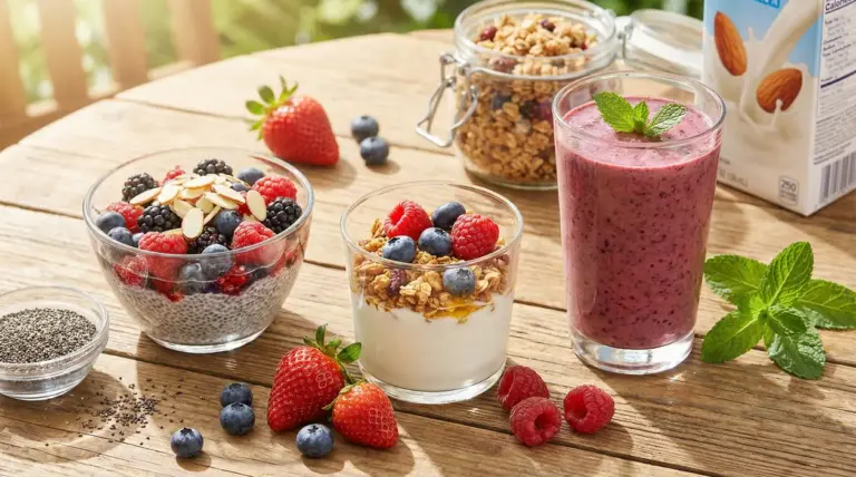 Colazioni estive con yogurt, frutta fresca, chia pudding e smoothie ai frutti di bosco su tavolo di legno