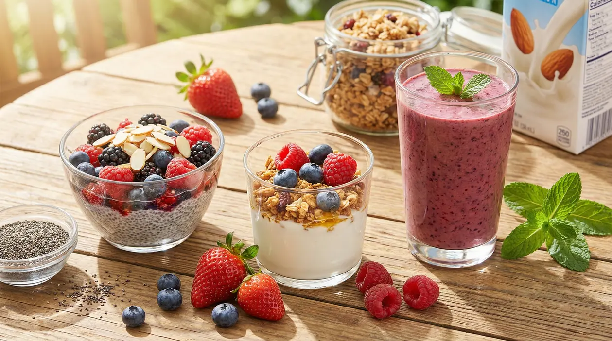 Colazioni estive con yogurt, frutta fresca, chia pudding e smoothie ai frutti di bosco su tavolo di legno