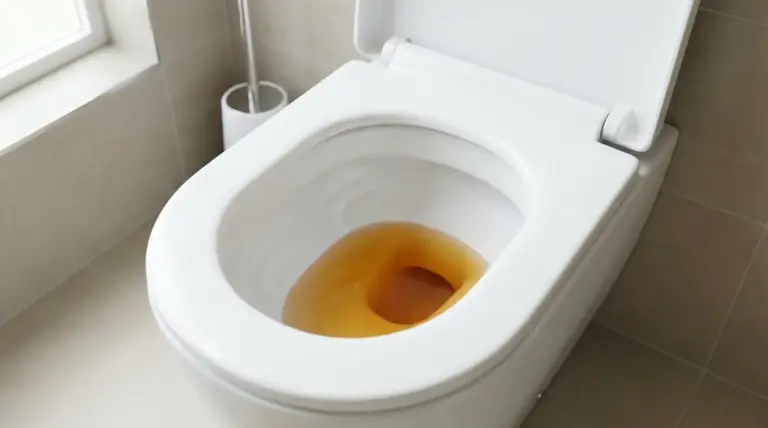 Acqua marrone all'interno di un WC bianco in un bagno moderno
