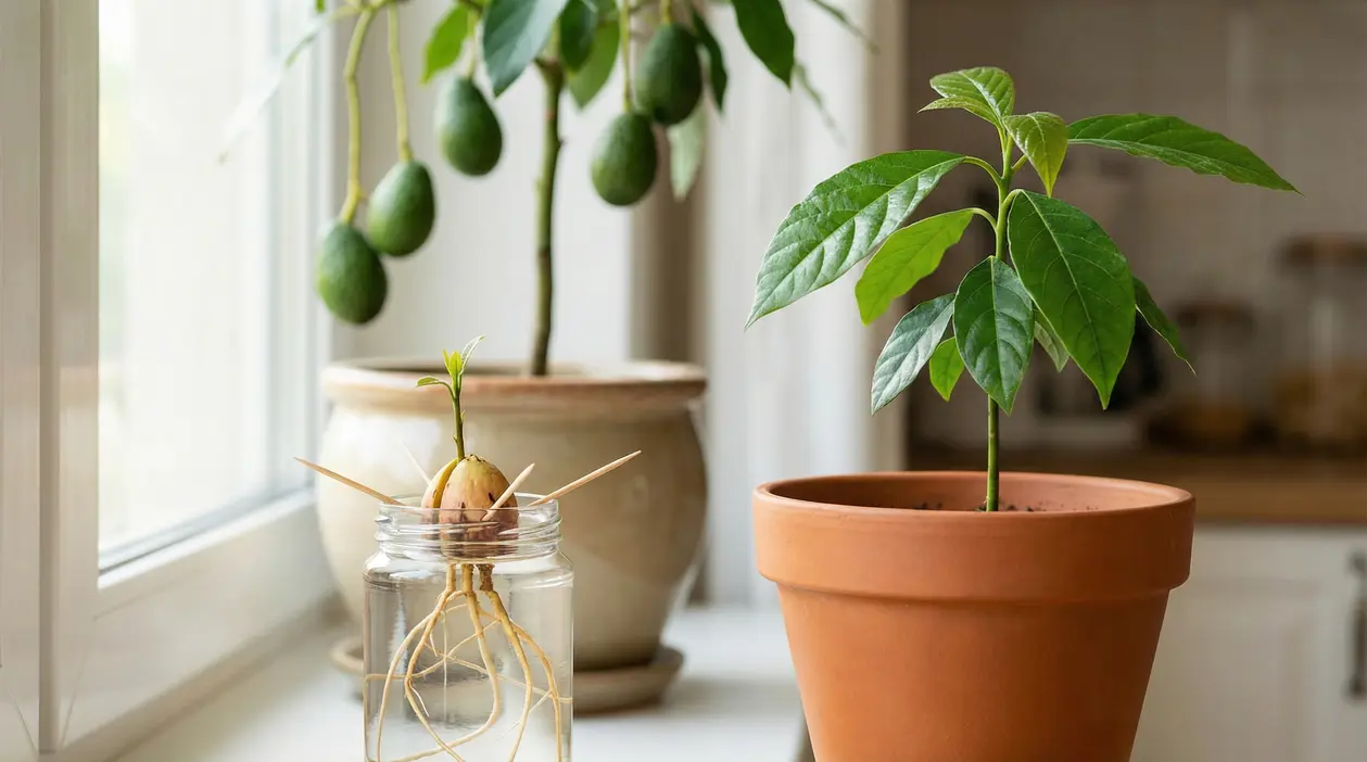 Piantine di avocado in vaso e in acqua vicino a una finestra