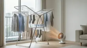 Stendino con vestiti bagnati e ventilatore acceso in un soggiorno durante una giornata di pioggia