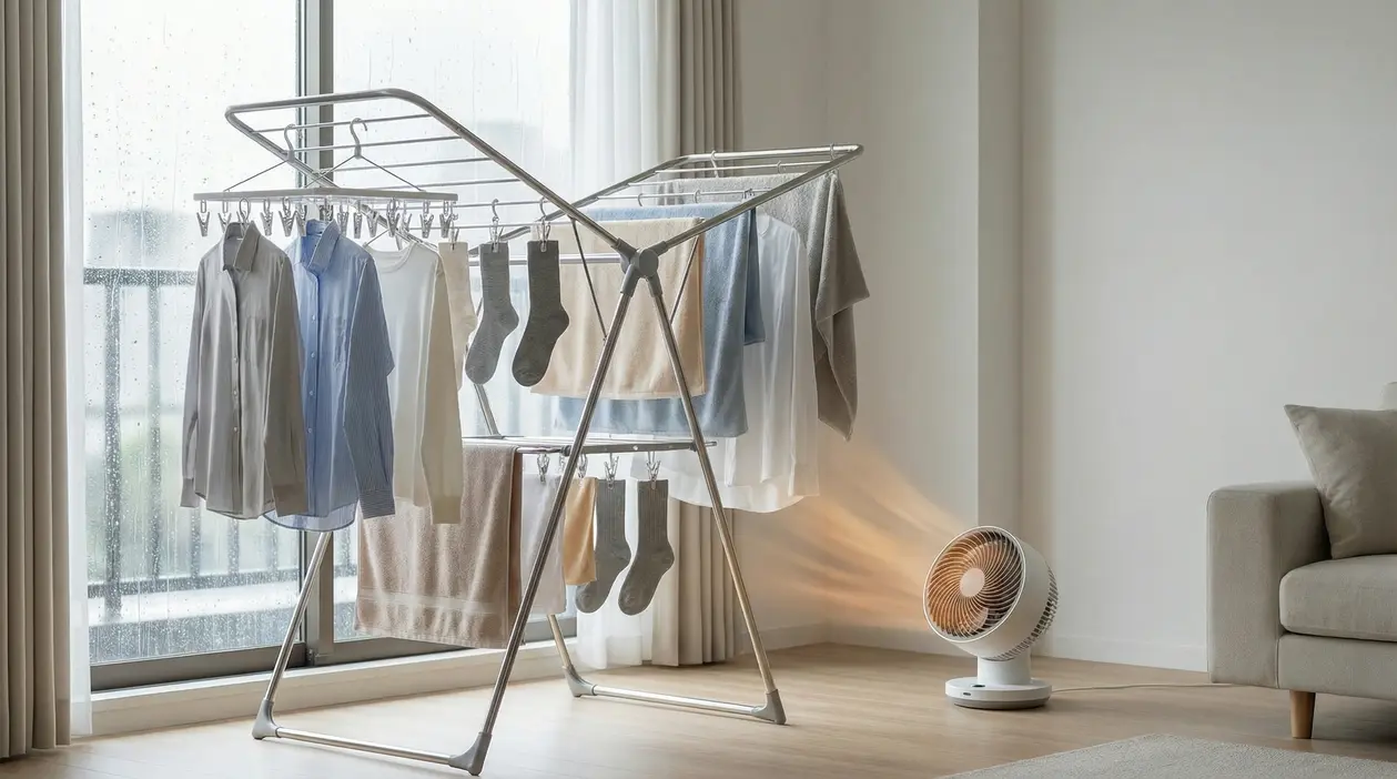 Stendino con vestiti bagnati e ventilatore acceso in un soggiorno durante una giornata di pioggia