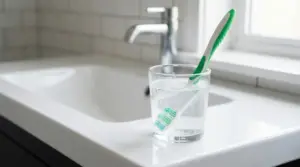 Spazzolino immerso in un bicchiere d'acqua su un lavandino del bagno