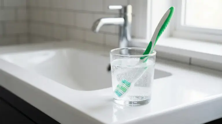 Spazzolino immerso in un bicchiere d'acqua su un lavandino del bagno