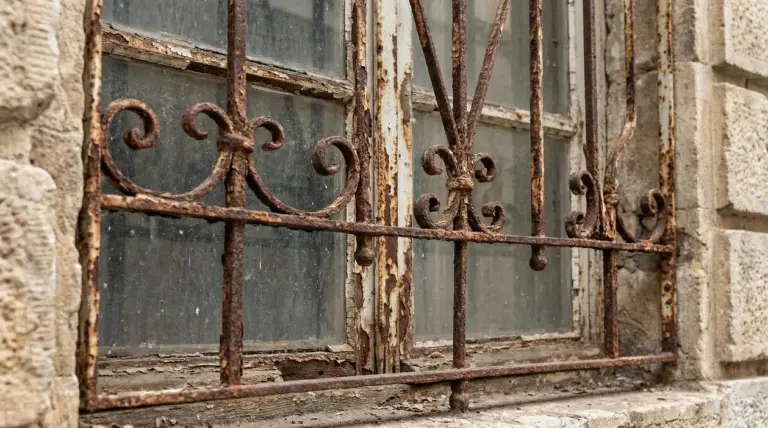 Inferriata arrugginita su finestra in legno deteriorata di un edificio