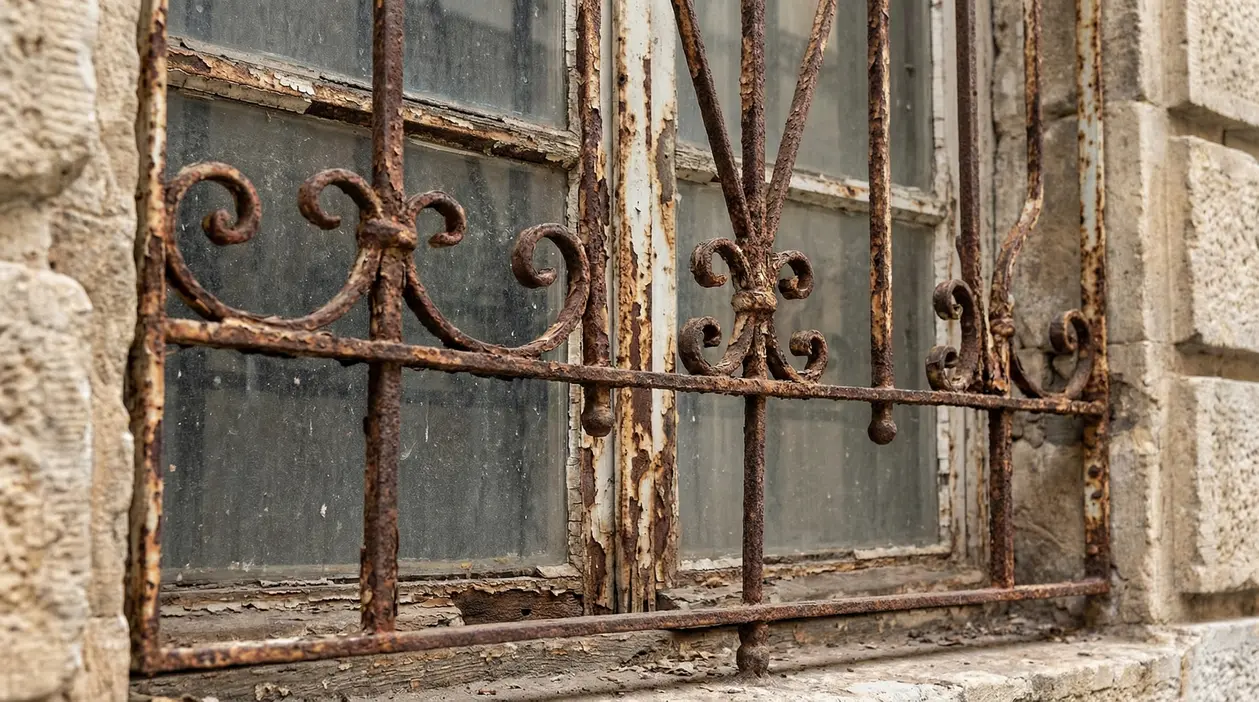 Inferriata arrugginita su finestra in legno deteriorata di un edificio