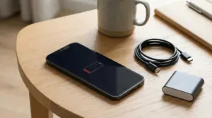 Smartphone con batteria scarica su un tavolo accanto a un cavo USB-C e un power bank