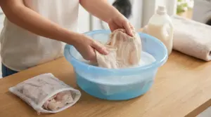 Persona lava a mano un capo delicato in una bacinella con acqua e sapone