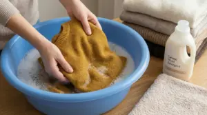 Mani che lavano un maglione di lana in una bacinella con acqua e detergente delicato