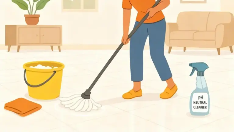 Persona che pulisce un pavimento in marmo con mop e detergente neutro