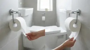 Persona che mostra due modi diversi di posizionare la carta igienica in bagno