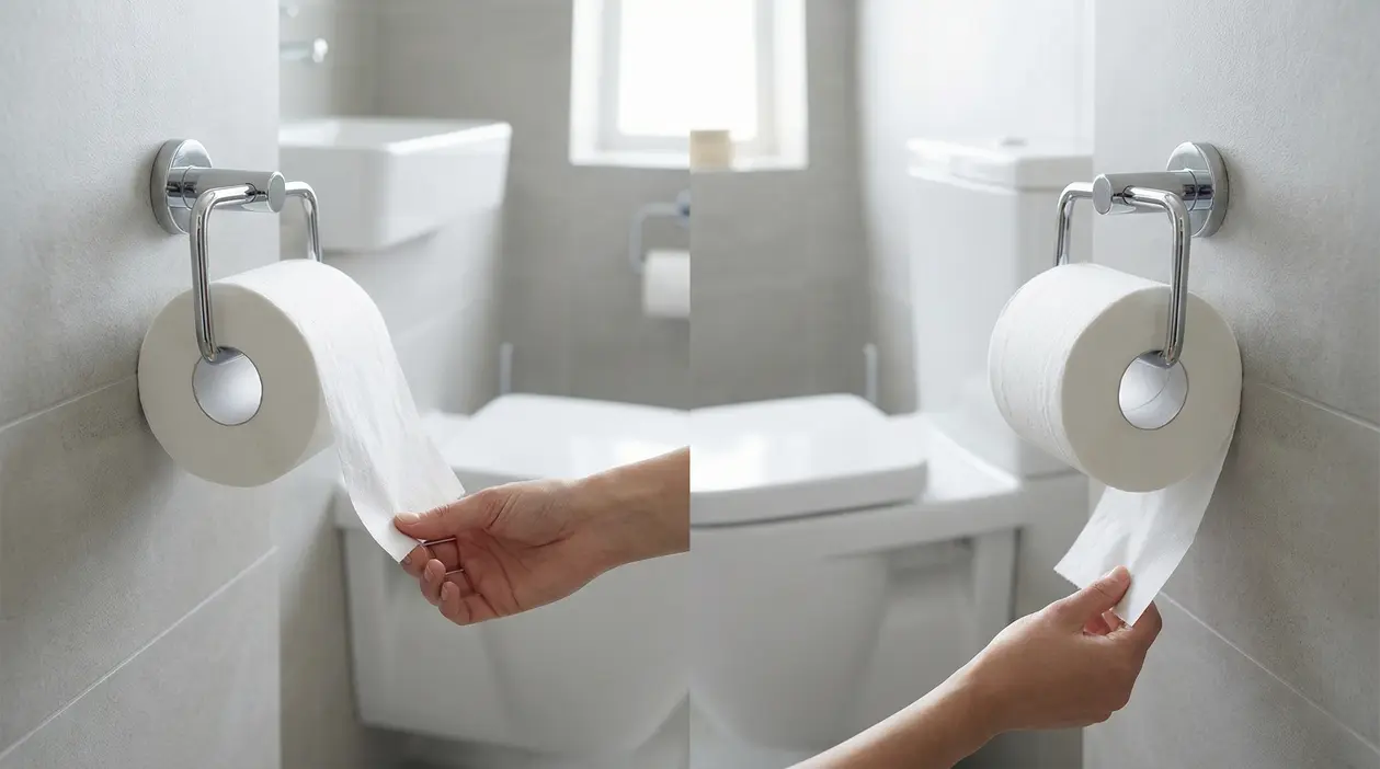 Persona che mostra due modi diversi di posizionare la carta igienica in bagno