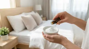 Mani versano olio essenziale in una ciotola con bicarbonato davanti a un letto ordinato