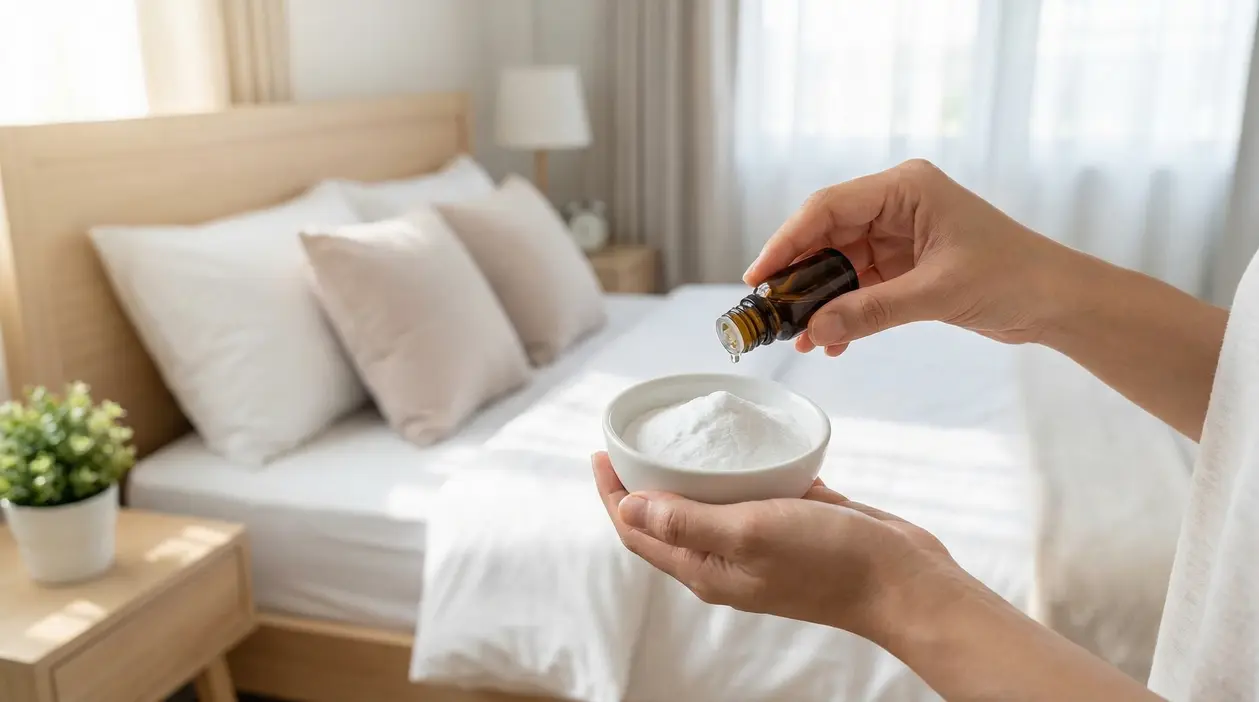 Mani versano olio essenziale in una ciotola con bicarbonato davanti a un letto ordinato