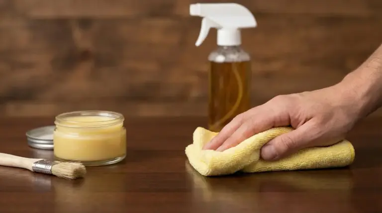 Mano che pulisce una superficie in legno con un panno e prodotti specifici per la cura del legno