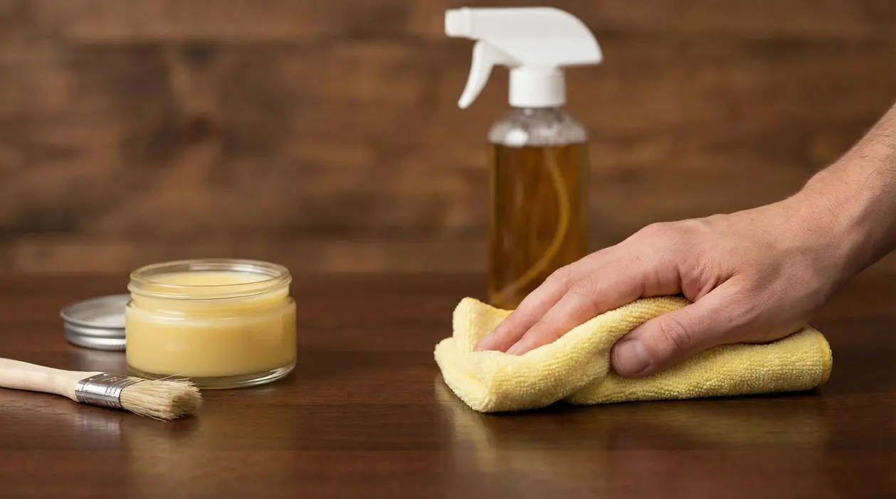 Mano che pulisce una superficie in legno con un panno e prodotti specifici per la cura del legno