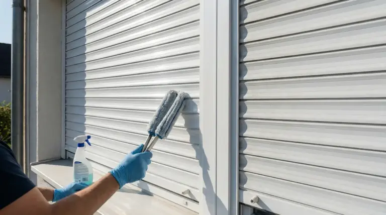 Persona pulisce una tapparella bianca con un panno doppio e guanti in lattice