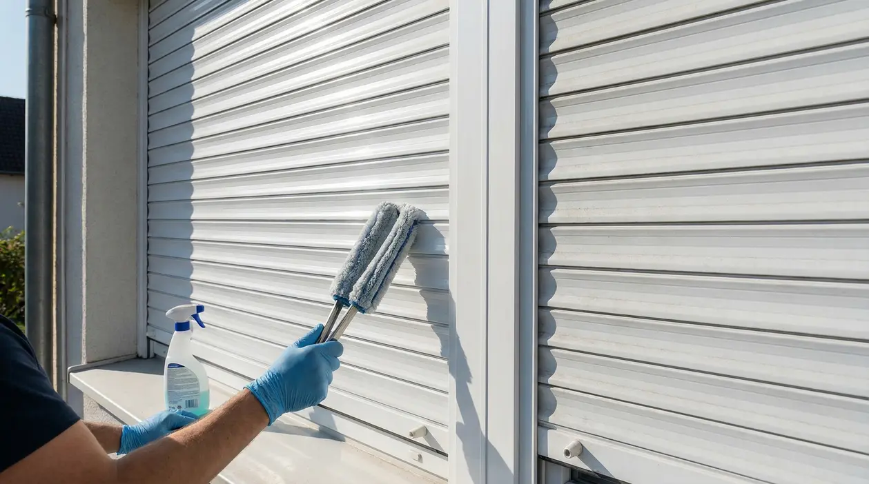 Persona pulisce una tapparella bianca con un panno doppio e guanti in lattice