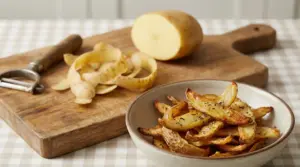 Bucce di patata e patate arrosto su un tagliere e in una ciotola di ceramica