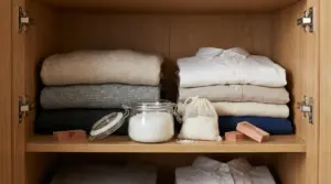 Vestiario piegato in un armadio con barattolo di sale e sacchetto traspirante assorbi-umidità