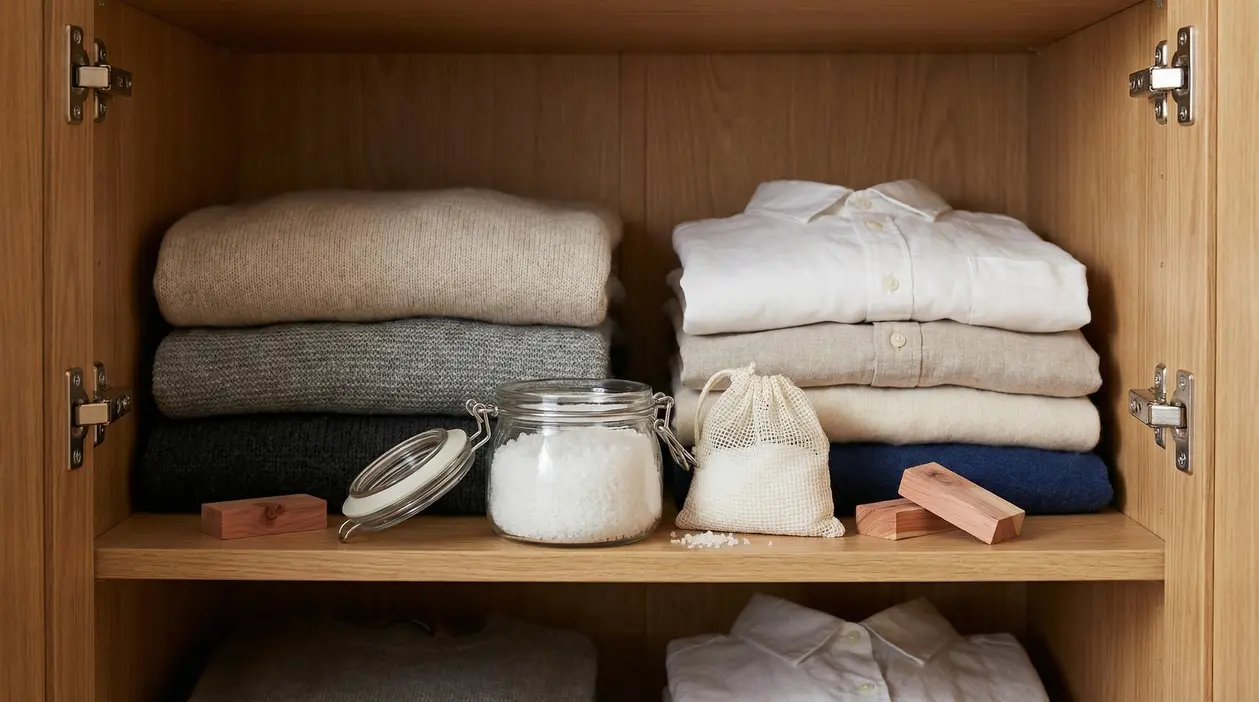 Vestiario piegato in un armadio con barattolo di sale e sacchetto traspirante assorbi-umidità