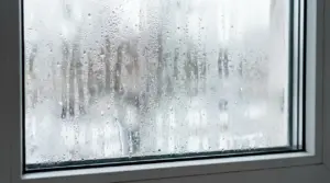 Finestra ricoperta di condensa e gocce d'acqua all'interno di una casa