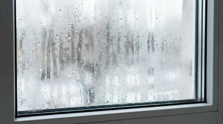Finestra ricoperta di condensa e gocce d'acqua all'interno di una casa