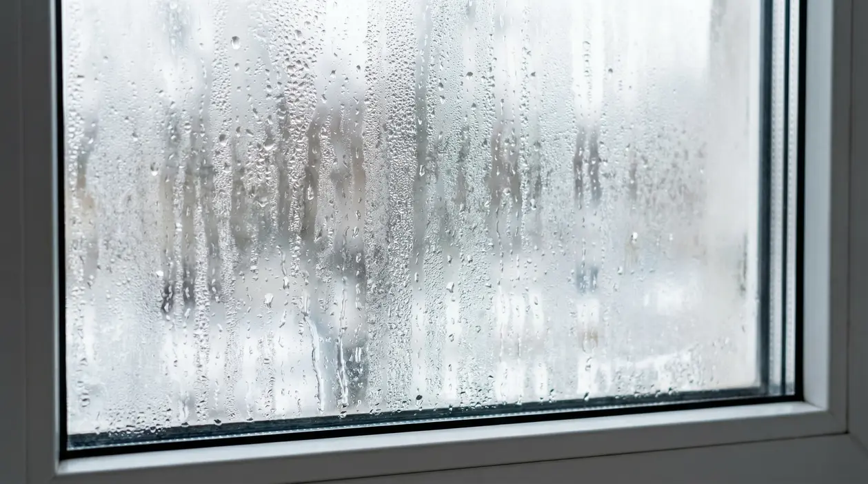Finestra ricoperta di condensa e gocce d'acqua all'interno di una casa