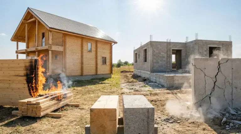 Confronto tra una casa in legno e una casa in cemento in fase di costruzione