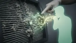 Filtro del condizionatore sporco con polvere e un simbolo che mostra impatto sulla salute.